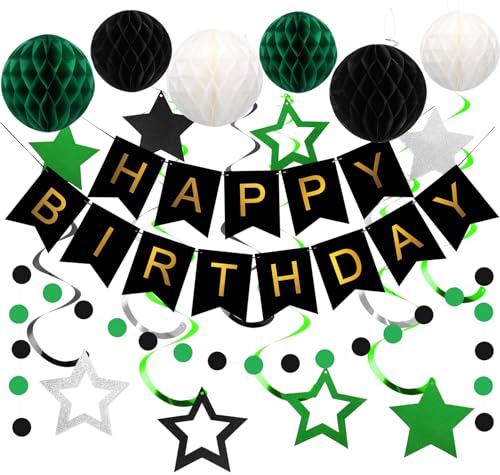 Image of meowtastic Birthday Decorations Happy Birthday Banner with Honeycomb Balls | 16pcs Birthday Set: 1 Banner+6 Honeycomb Balls+8 Star Spirals+1 Circle Dots, Happy Birthday Decor - Green and Black