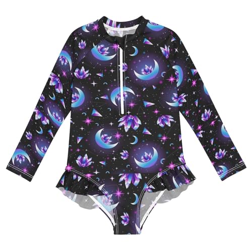 Wusikd Girls Long Sleeve Swimsuit Months Crystals One Piece Bathing Suit Zipper Black Sky Swimwear Sun Protection 5-6T