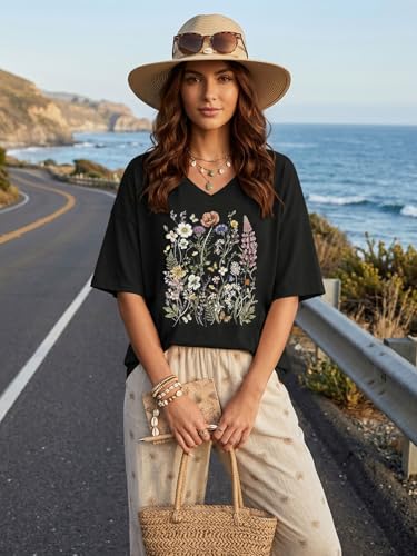 Eatbook Oversized Tshirts for Women Graphic Tees Flowers Shirts V Neck Summer Short Sleeve Casual Loose Fit Tops Black 2XL — view 4