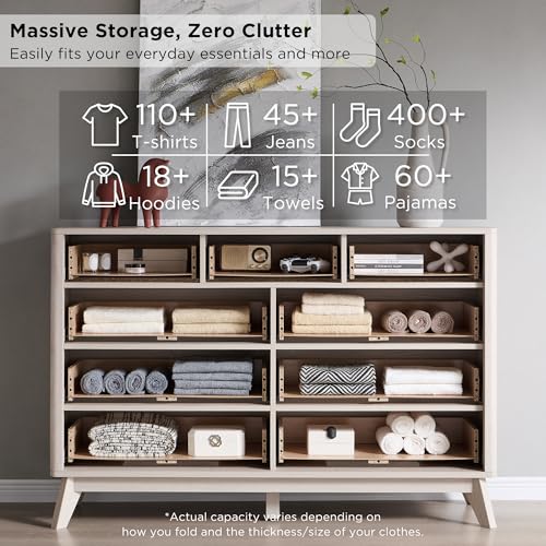 Image of T4TREAM 54 inch Wide Fluted 9 Drawer Dresser for Bedroom, White Alder | Mid Century Modern, Curved Profile, Metal Handles, Anti-tip Kit, Smooth Slides, for Living Room, Hallway