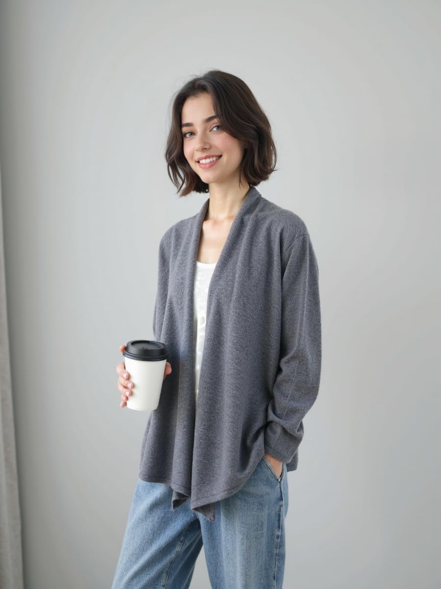 Chaqueta De Punto Mujer Cárdigan De Mujer 100% Lana Merino Sin Cuello Ni Frente Abierto Suéter De Punto Suave Y Ligero Prenda De Manga Larga para Mujer Ideal para Otoño Uso Casual Nego