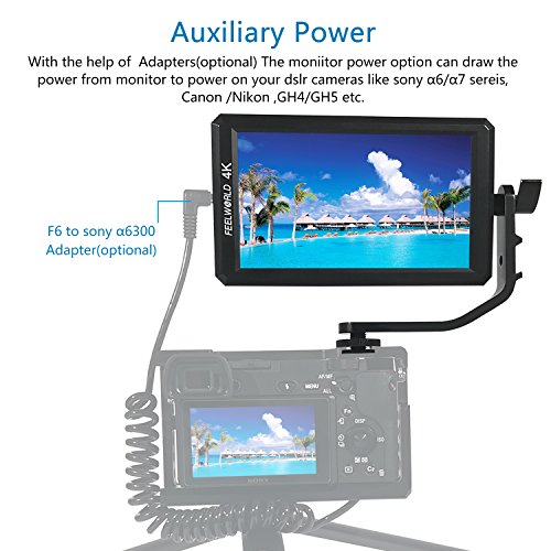 Feelworld F6+Battery+ Integrated Battery Charger + Micro&Mini Hdmi Cords 5.7Inch Fhd Ips On Camera 4K Hdmi Monitor With Swivel Arm And 8V Dc Power Output Black #TOP4