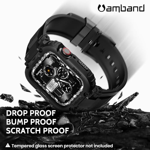 Image of amBand Bands Compatible with Apple Watch 9 /8 /7 /SE (3 /2 /1) /6 /5 /4 /3 41mm /40mm /38mm Case Men, M1 Sport Series Rugged Case TPU Strap Military Protective Cover Bumper for iWatch 41 /40 mm 38mm Men Black