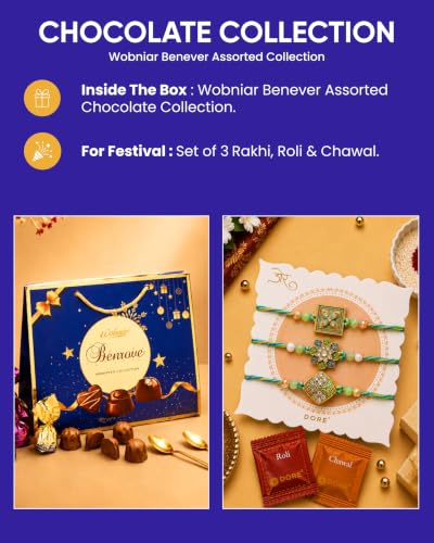 Image of HyperFoods Rakhi Set for Brother with Chocolate Gift Pack Benrove Chocolate 350g Gift Hamper with Set of 3 Rakhis Gifts Pack for Brothers Chocolates (Assorted Color Bags) with Rakhi Set for Brother