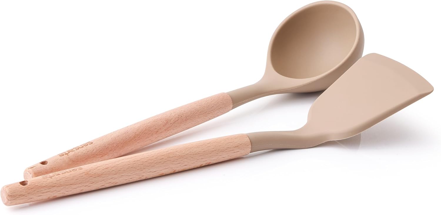 SENSARTE Kitchen Utensils 2-Piece, Silicone Cooking Utensils, Silicone Spatula and Ladle with Wooden Handle, White