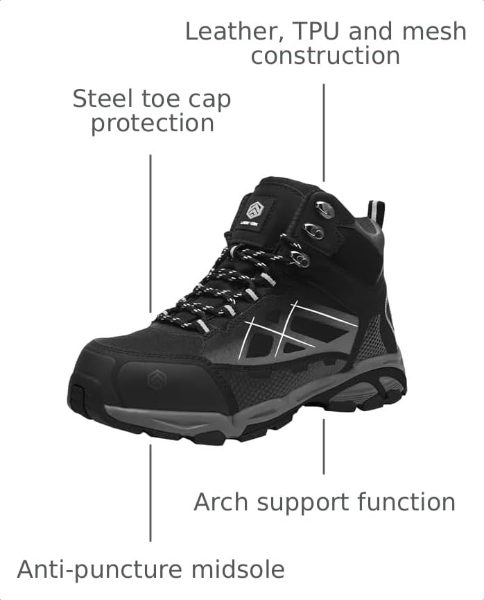 Image of LARNMERN Steel Toe Boots Men Comfortable Work Safety Shoes Hiking Sneakers | Comfortable Outdoor Industrial Construction Non Slip Puncture Proof Mid Top Tactical