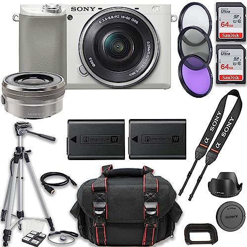 Sony a6100 Mirrorless Camera (White) + Sony E PZ 16-50mm f/3.5-5.6 OSS Lens + 2X 64GB Memory + Case + Tripod & More (20pc Bundle)