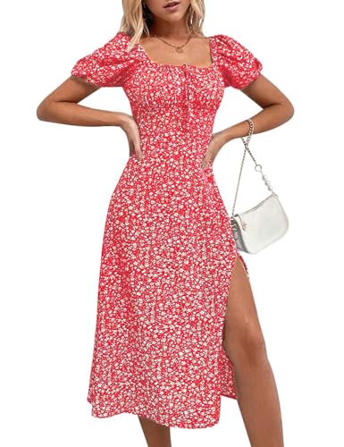 Image of SPRIME Women's Floral Summer Casual Dress Square Neck Puff Sleeve Boho Midi Dresses Ruched Bust High Waist Split Long Dress