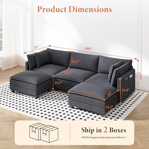 Image of Vesgantti 109 inch U Shaped Cloud Sectional Sofa, Comfy Corduroy Upholstered Sectional Modular Sofas for Living Room, Modern Modular Couch with 2 Ottoman Deep Seat, Grey