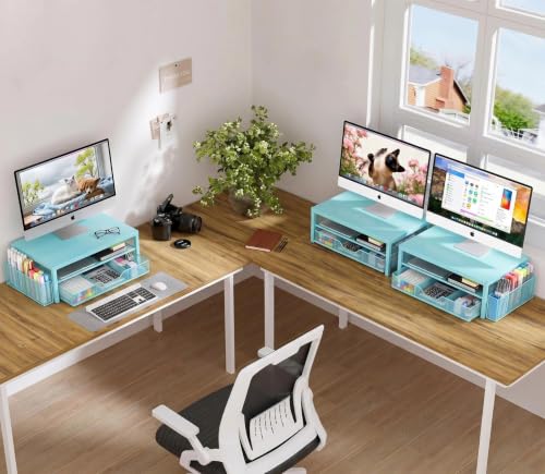 Image of OPNICE Computer Monitor Stand Riser, Desk Organizer with Drawer, Printer & Laptop Stand, Office Desk Accessories & Workspace Desktop Organizers Storage for Office Supplies(Blue)
