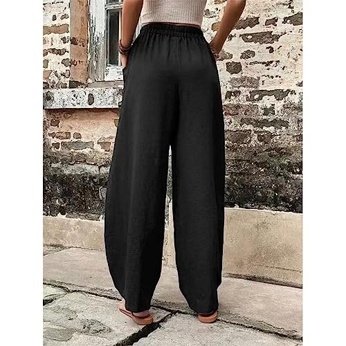 ZOCAVIA Women's Casual High Waist Pants Elastic Solid Color Loose Fit Straight Leg Summer Trousers with Pockets3