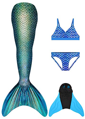 Preisvergleich Produktbild GNFUN Meerjungfrau Schwanz mit Meerjungfrau Badeanzug Schwanzflosse Zum Schwimmen Kostüm Für Kinder Mädchen Bikini Set und Monoflosse, 4 Stück Set, Xy-aqua Blue, 140-150cm