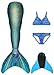 Produktbild GNFUN Meerjungfrau Schwanz mit Meerjungfrau Badeanzug Schwanzflosse Zum Schwimmen Kostüm Für Kinder Mädchen Bikini Set und Monoflosse, 4 Stück Set, Xy-aqua Blue, 140-150cm