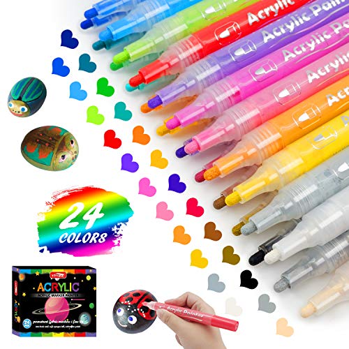YITHINC Acrylic Paint Pens,24 Colors Marker Pen for Rock Painting,Ceramic, Pebbles,Porcelain,Stone,Glass,Wood,Fabric,Canvas,DIY Mug,Photo Album,Permanent Waterbased,Non Toxic,Medium Tip,Quick Dry
