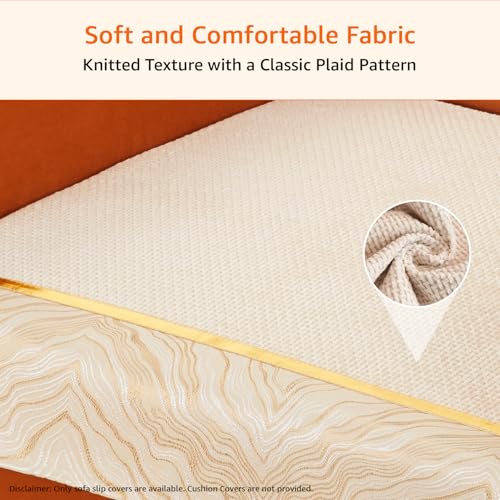 Image of Amazon Basics Knitted Fabric Sofa Cover for Single Seater, Classic Plaid, Non-Slip Sofa Pad, 70x70 cm, Soft Silicone Grip Dots, 100% Polyester, Machine Washable - Off-White