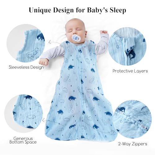 Image of david's kids Muslin Cotton Baby Sleep Sack 0-6 Months, 2 Pack 100% Cotton Sleeping Bag for Summer, TOG 0.5 Baby Wearable Blankets with 2-Way Zipper, Soft Sleep Sacks for Newborn Infant, Dinosaur