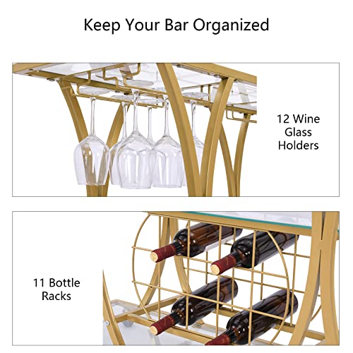 Kivenjaja Gold Bar Cart, Kitchen Serving Cart With Wine Racks & Glass Holder, 3-Tier Mirrored Shelves Metal Frame Mobile Coffee Wine Barcart Trolley On Wheel For Home #TOP2
