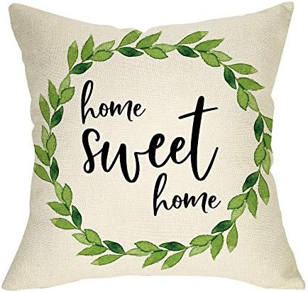 Ussap Home Sweet Home Decorative Throw Pillow Cover, Olive Green Wreath Farmhouse Cushion Cover Home Rustic Decoration, Seasonal Quote Pillowcase for Front Porch Sofa Couch Decor Cotton Linen 18x18