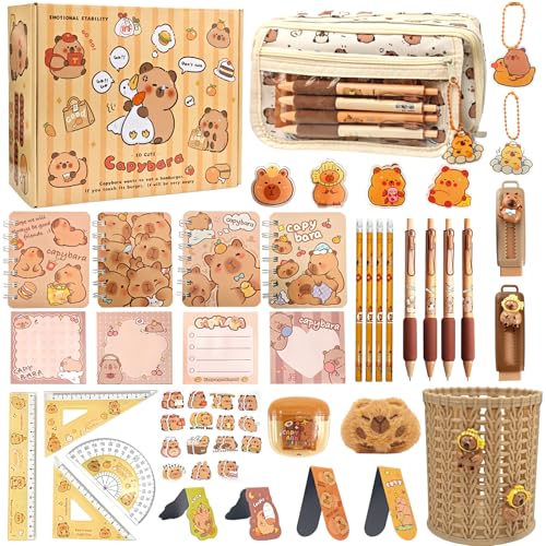 Ronronner 72 piezas Capybara Papelería Set Capybara Estuche Estuche con Soporte de Cesta, Estuche para Lápices, Cuadernos y Papelería - Set de regalo para la escuela, la oficina y el arte para niños y