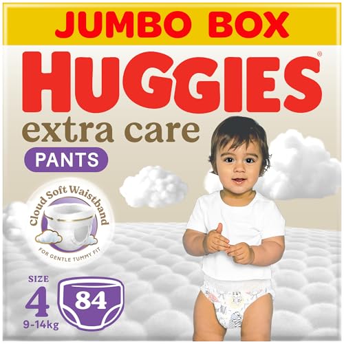 Huggies Extra Care Culottes Size 4 (9-14 kg) Jumbo Box of 84 Baby Diaper Pants Cloud Soft Waistband Soft Pillows Absorb in Seconds Easy & Convenient With Extra Protection