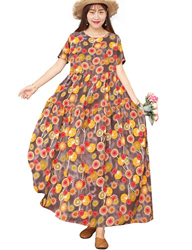 YESNO Women Casual Loose Long Maxi Bohemian Floral Dress Lightweight Summer Beach Short Sleeve Swing Dress with Pockets E100TYP2 (2XL EJF CR09)