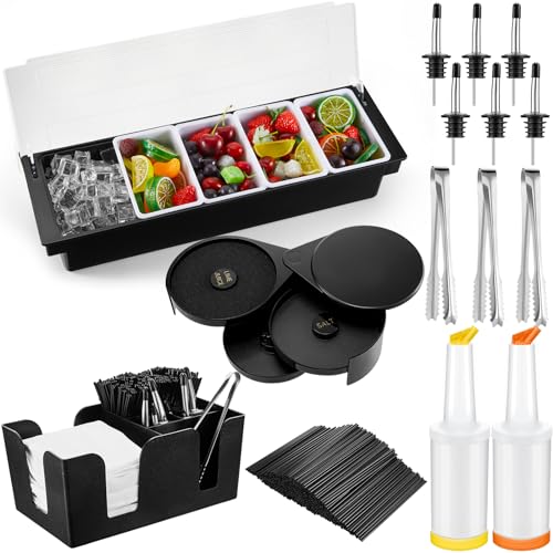 Mifoci Garnish Tray with Lid Bar Caddy 3 Tier Glass Rimmer 12 Stainless Steel Bottle Pourers 2 Plastic Juice Pour Bottles 1000 Count Cocktail Straws 3 Serving Tongs(5 Compartments,Plastic)