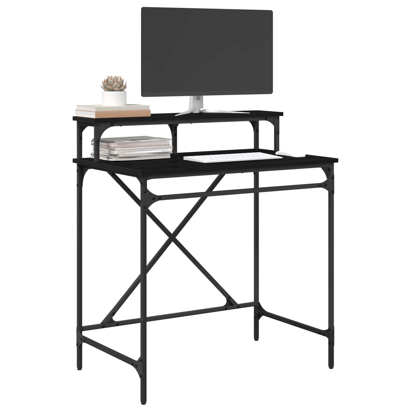 Escritorio de madera de roble negro, 80 x 50 x 90 cm, diseño industrial, con estante, resistente a las manchas, para oficina en casa, mesa de trabajo