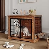 Dog Crate Furniture, 38' Double Doors Indoor Decor Pet House Cage, Wooden Dog Kennel with 360°& Adjustable Raised Dog Bowls,Indoor Pet End Tables with Storage Platform for Large/Medium Dog