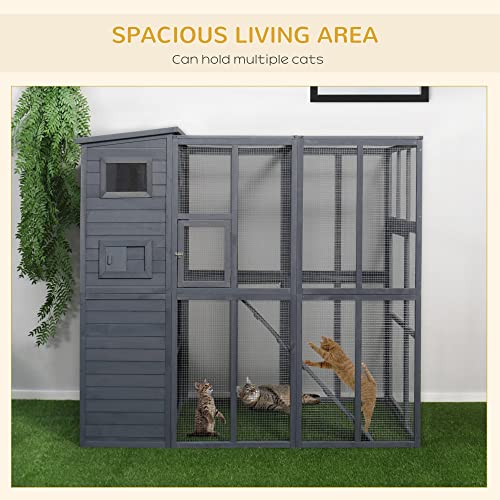 PawHut Large Pine Wooden Outdoor Cat House Enclosure Catio with Large Run, Kitten Cage with Weatherproof Roof - 77" L, Grey - Image 7