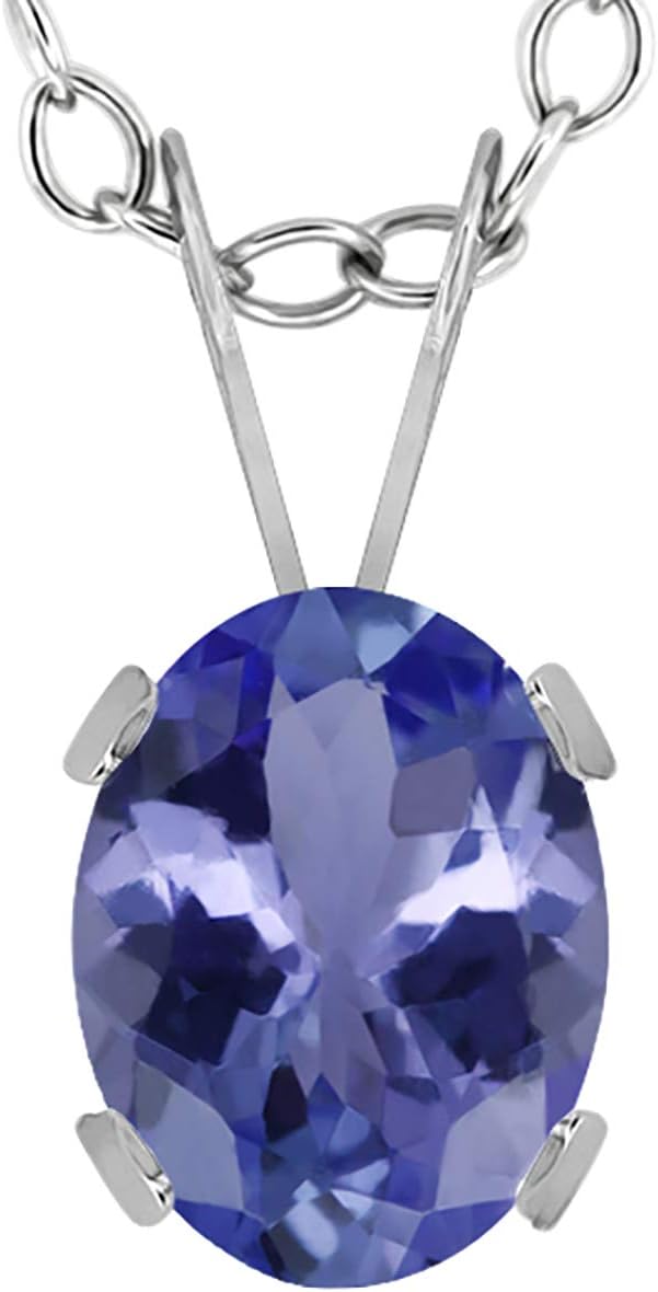 Gem Stone King 14K White Gold Blue Tanzanite Solitaire Pendant Necklace For Women | 1.16 Cttw | Gemstone December Birthstone | Oval 8X6MM | With 18 Inch Chain