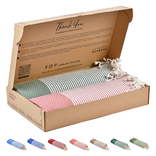 Tadussi ® Strandtuch Saunahandtuch Fouta XXL [2er Set] Ideal als Hamamtuch Saunatuch Stranddecke für Damen & Herren - Groß 100x200-100% Baumwolle in Lachs & Olivfarbiges-Graubraun