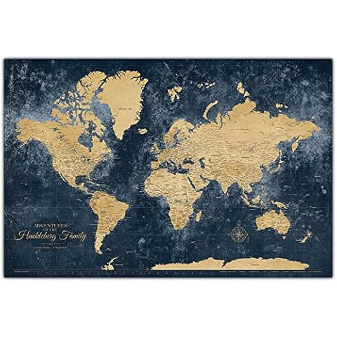 Holy Cow Canvas Personalized Gold & Navy Textured Push Pin World Map on Canvas, Push Pins Included to Track Travels, World Map Pin Board, Best gift for People Who Travel (48" x 30", Gallery Wrapped) Cover