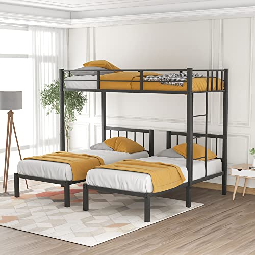 Metal Triple Bunk Bed for 3 People, Can Be Separated into 3 Twin Beds, Twin Over Twin & Twin Bunk Bed with Guardrails for Kids, Teens, Adults (Black)