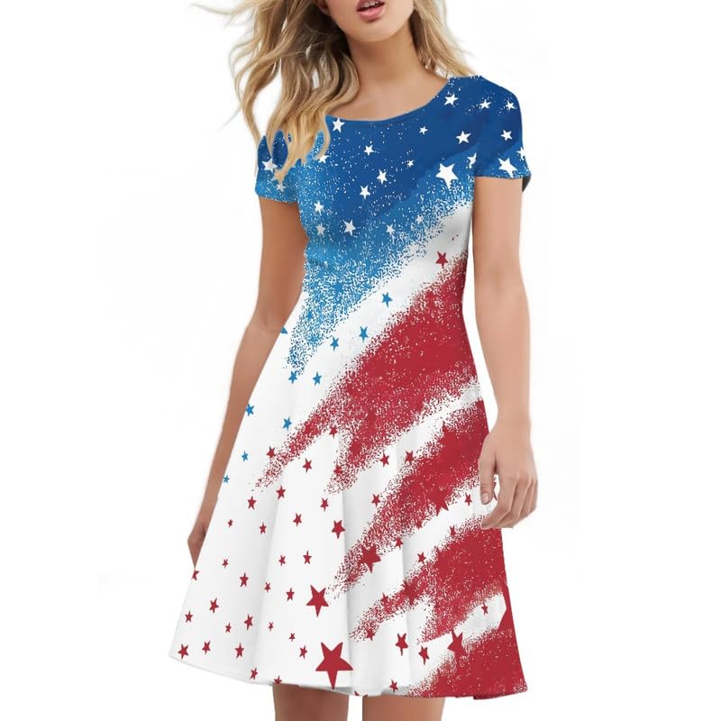 Image of Irisjudy T Shirt Dress for Women Short Sleeve Girls Short Sleeve Dress Plus Size, O Neck Knee Length Midi Dress for Ladies