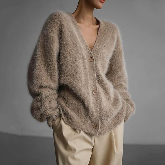 Damen Fuzzy Mohair Pullover Button Down V-Ausschnitt Langarm Strickoberteile Casual Leichte Strickjacke, 2, M