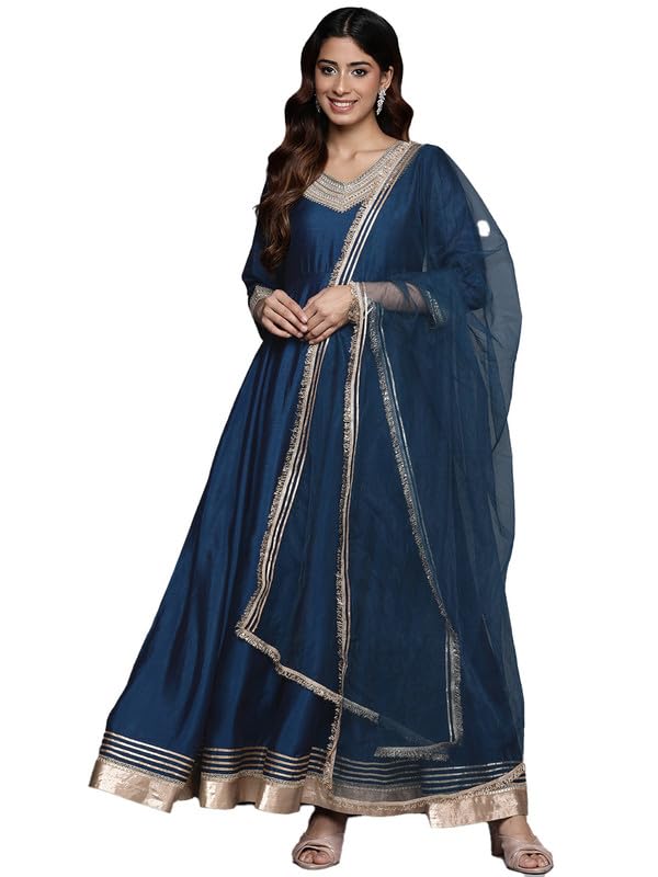 Varanga Womens Blue Lace Embroidered Anarkali Kurta With Net Sequined Dupatta For Festive (Medium)