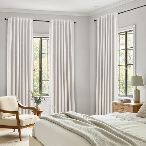 Image of Nanspring Linen 100% Blackout Floor to Ceiling Extra Long Curtains 96 Inches Long for Bedroom 8ft Back Tab Cream Farmhouse Decor Black Out Curtain for Living Room Ivory Natural Drapes 52x96, 2 Panels
