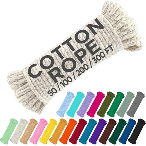 TECEUM 500lb Cotton Rope 3/16” (5 mm) – 50 FT | 100 FT– Strong All-Purpose Braided Rope – Natural Cotton – for Crafting, Сamping, Clothes Line, DIY, Indoor & Outdoor Use – Natural