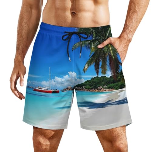Praslin Island Surfing Beach Scenic View Mens Swim Trunks Quick Dry Beach Board Shorts with Pockets