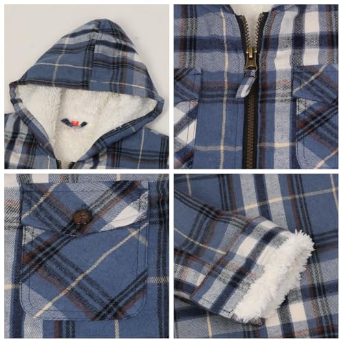 Image of ThCreasa Boys Plaid Flannel Jackets Sherpa Lined Zip Up Long Sleeve Warm Flannel Shirt with Hood