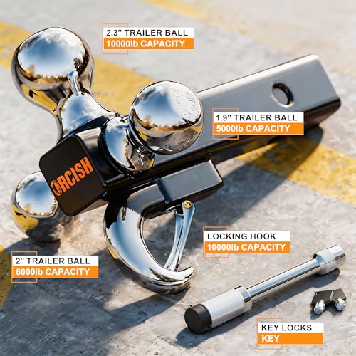 Image of ORCISH Tri-Ball Trailer Hitch with Self-Lock Latch & Hook, Chrome Trailer Ball Size 1-7 /8 inch, 2 inch and 2-5 /16 inch, Fit 2 Inch Hitch Receiver, Anti-Theft Locking Tow Hitch Mount, 10,000 lbs Max Capacity