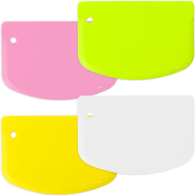 4Pcs 4.7x3.7inch Plastic Scraper, Multi-Function Dough Cutter Dough Scraper Food Scrappers Kitchen Bowl Scraper Tool for Pastry Cake Dough Bread Pizza Baking (Yellow Green Pink White)