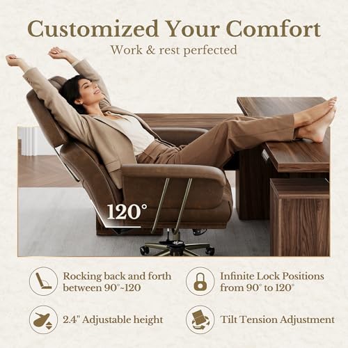 Executive Leather Office Chair - Brown Ergonomic Desk Chair with Thick Cushion & Lumbar Support, Comfy Mid Century Modern Swivel Computer Chair for Home Office - Image 4