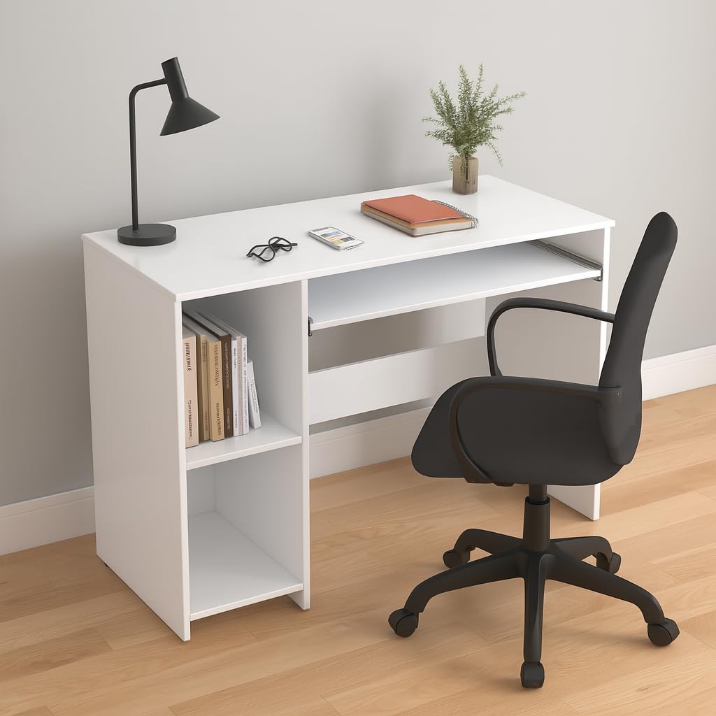 CREATIVE QUBE 104x50x75CM Engineered Wood Study Table with Keyboard Tray & 2 Open Storage Shelves for Home, Office | Scratch & Moisture Proof Computer, Laptop Table | 1 Year Warranty- Everest White