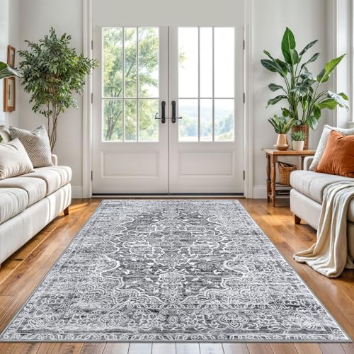 KUTA Vintage Area Rug 5x7 Grey White, Washable Rugs for Living Room Soft Non-Slip Printed Distressed Tribal Traditional Farmhouse Carpet for Bedroom Dining Room Dorm Office Home Decor