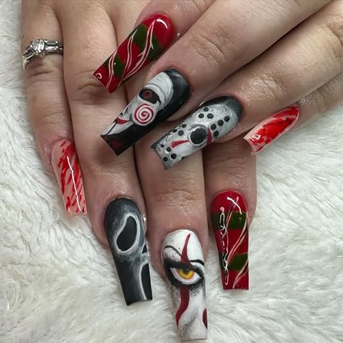 Halloween Press on Nails Long Square Fake Nails Horror False Nails with Halloween Large Scary Movie Characters Designs Matte Glue on Nail Acrylic Nails for Women Girls 24Pcs