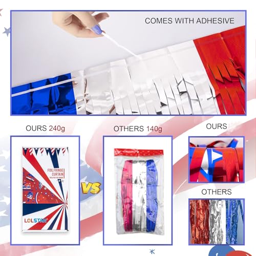 Image of LOLStar 4th of July Decorations, 3 Pack Red White Blue Backdrop Decorations | 3.3x6.6ft Star Pattern Tinsel Foil Fringe Curtains, Photo Booth Props Backdrop for Memorial Day, Patriotic, USA Party Decor