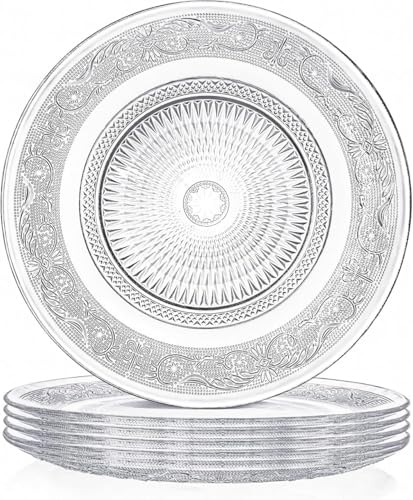 Image of PrimeWorld Glass Salad Plates - Set of 6 | 10 Inch Clear Vintage Embossed Glass Dinner Plates | Designer Serving Plates for Salad, Pasta, Fruits, Desserts | Wedding & Home Dining Tableware