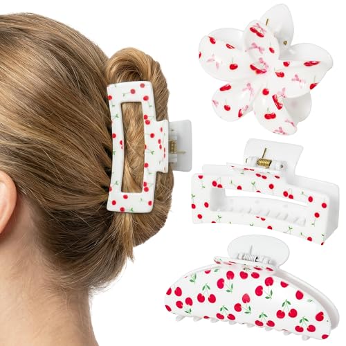 PANTIDE 3Pcs Cherry Hair Claw Clips for Women Girls - Coquette Bow Summer Fruit Cute Red Cherry Rectangle Flower Banana Nonslip Acrylic Hair Clip Accessories Bachelorette Wedding Birthday Gift
