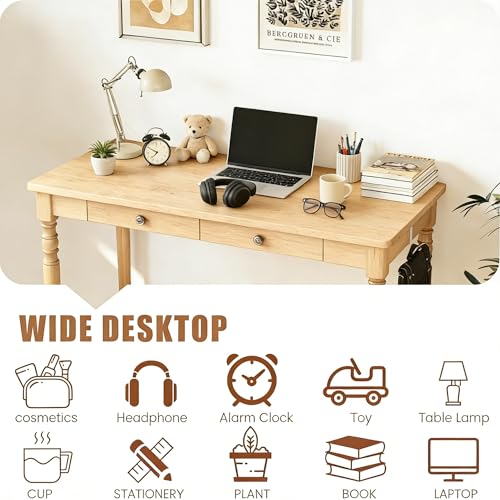 Image of 100% Solid Wooden Desk with Drawers - 47.2 inch Mid Century Modern Desk with 2 Hooks, Writing Desk with Drawers, Simple Work Study Table for Bedroom & Home Office - Natural Boho Desks